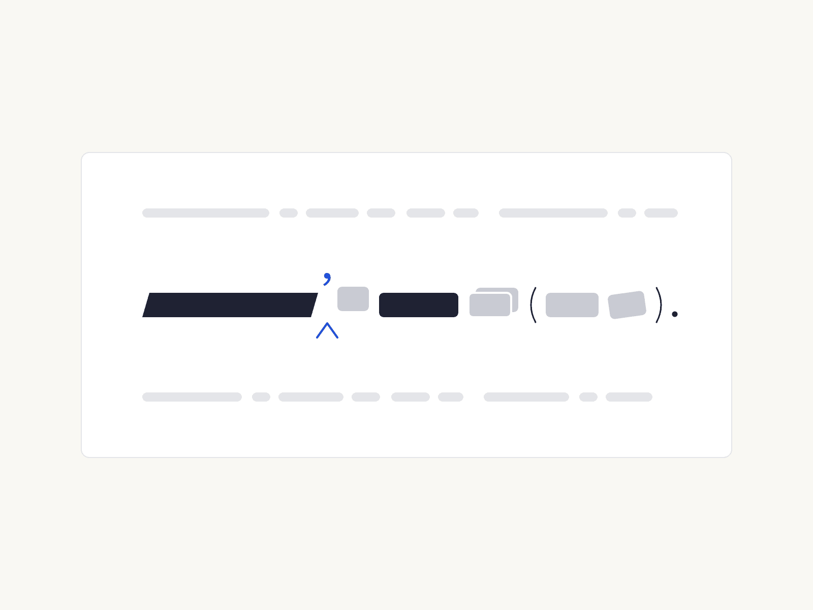 A citation drawn as a row of shapes on a page, with a few parts slightly out of place and a proofreader's caret in blue inserting the missing comma after the case name.