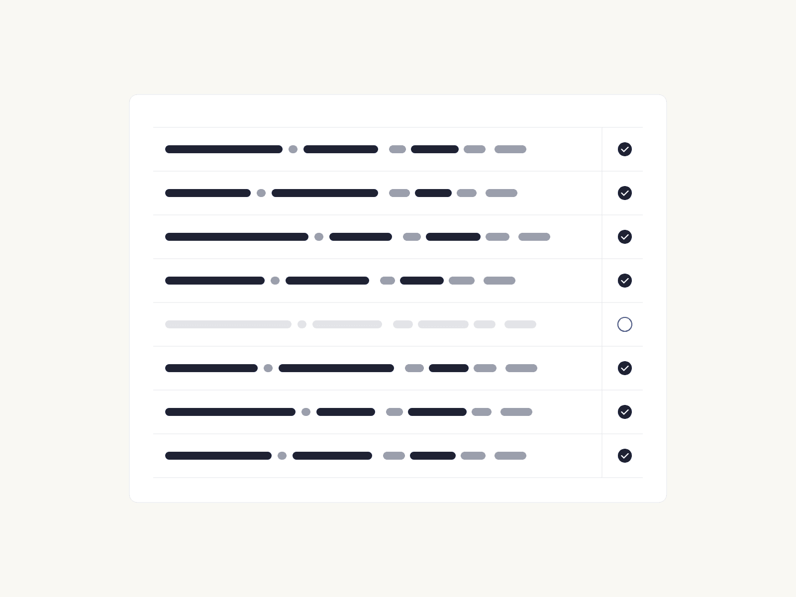 A ledger of citations on a white sheet, each row with a filled check mark, except one row drawn faint with an empty circle where its mark should be.