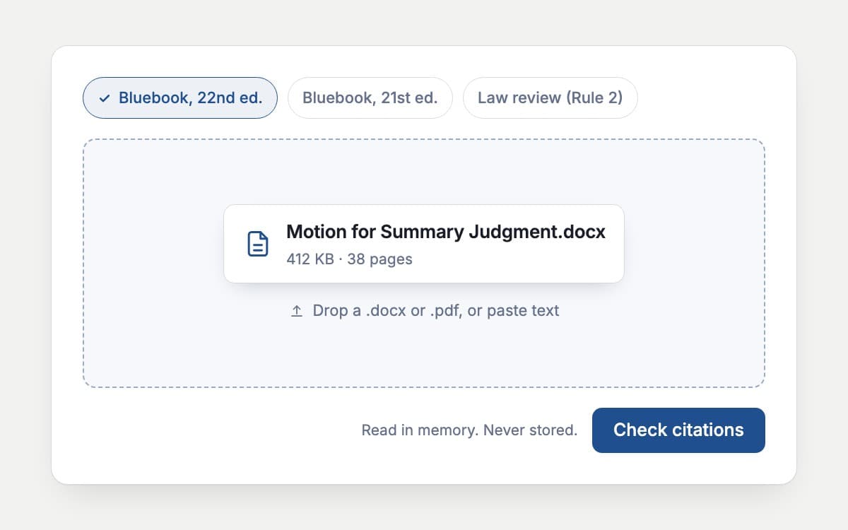 The upload step: a motion dropped into Counselcite with the 22nd edition of the Bluebook selected.