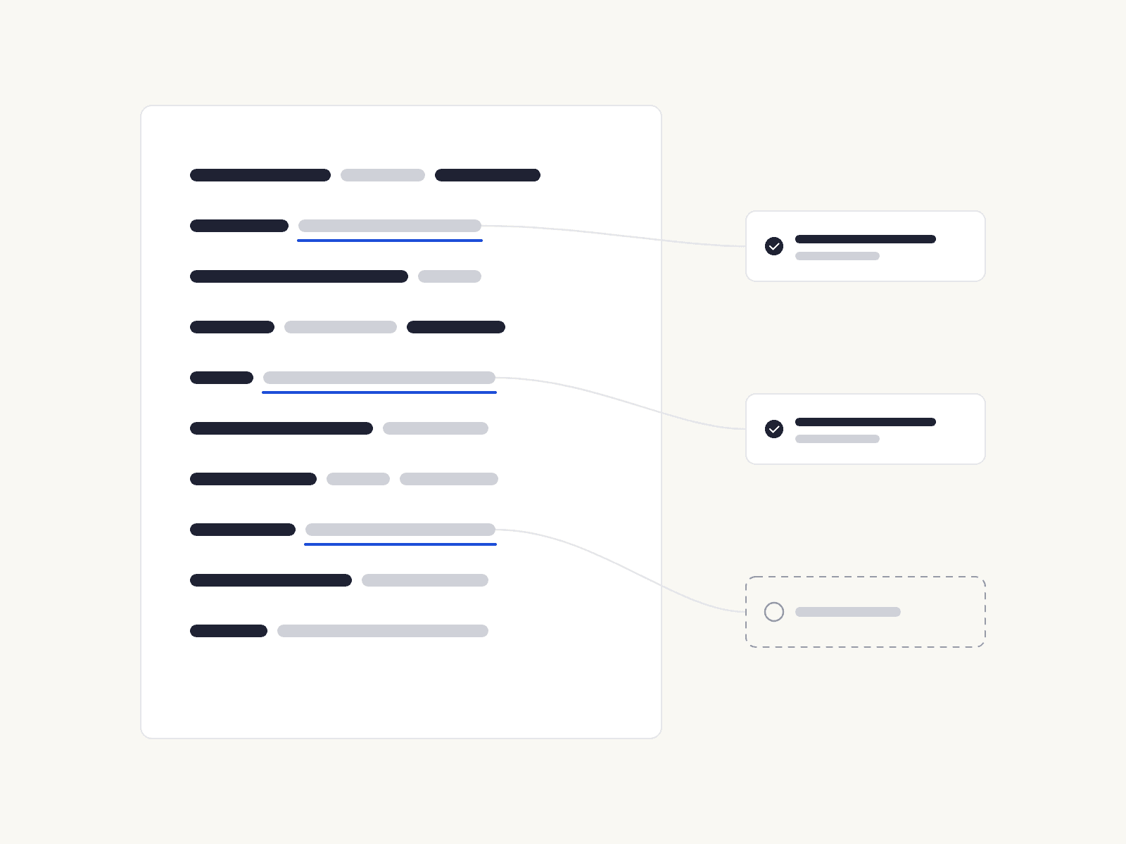 A brief with three citations underlined, each joined to a record card: two carry a check mark, the third is a dashed outline with no record behind it.
