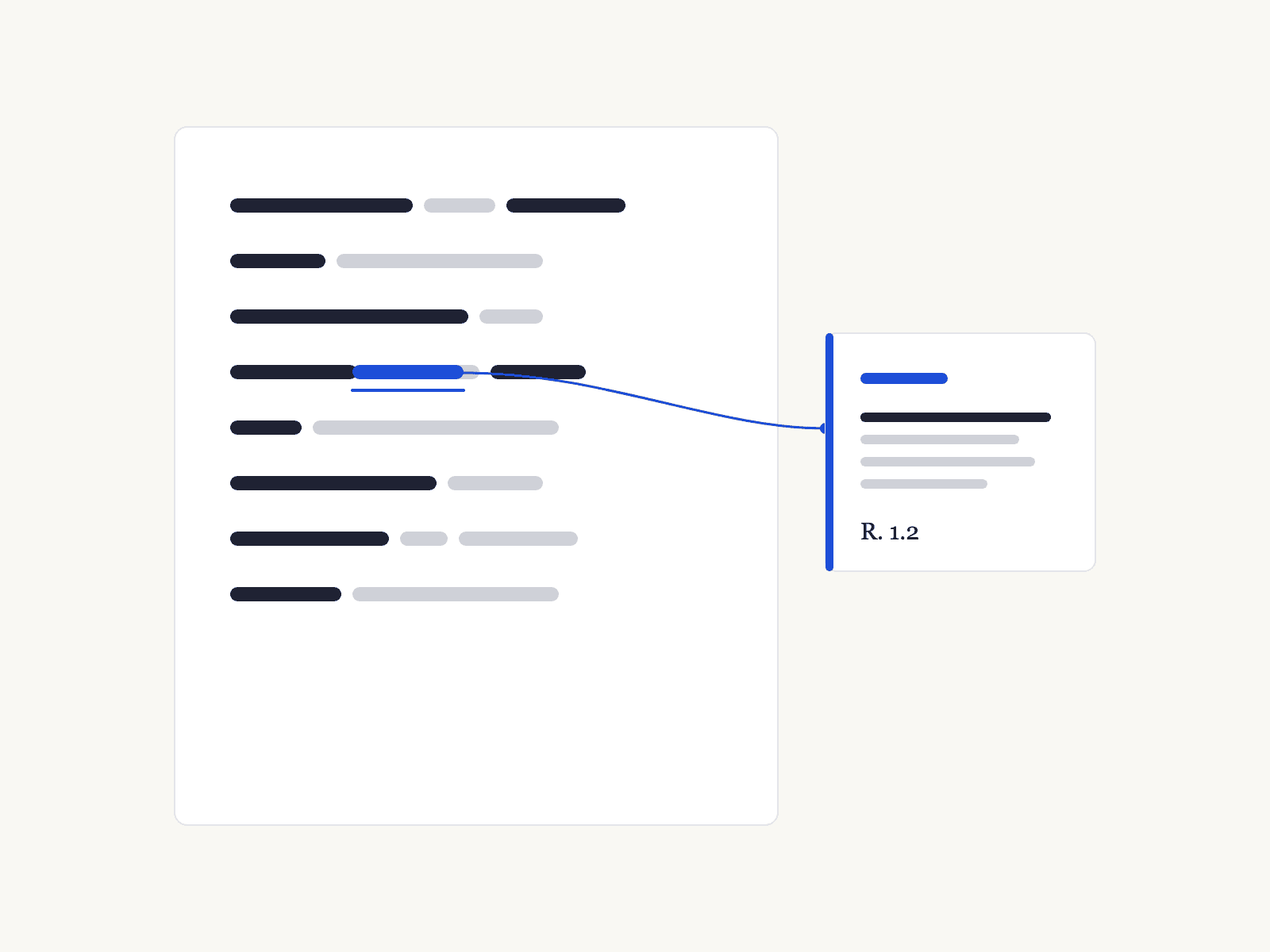 A page of citations with one underlined in blue, and a line from it to a card that names the rule, R. 1.2.